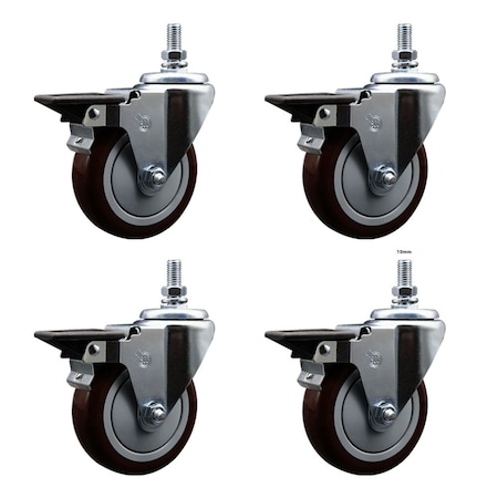 Service Caster 5 Inch Maroon Polyurethane 12 Inch Threaded Stem Caster Set with Brake SCC-TS20S514-PPUB-MRN-PLB-121315-4
